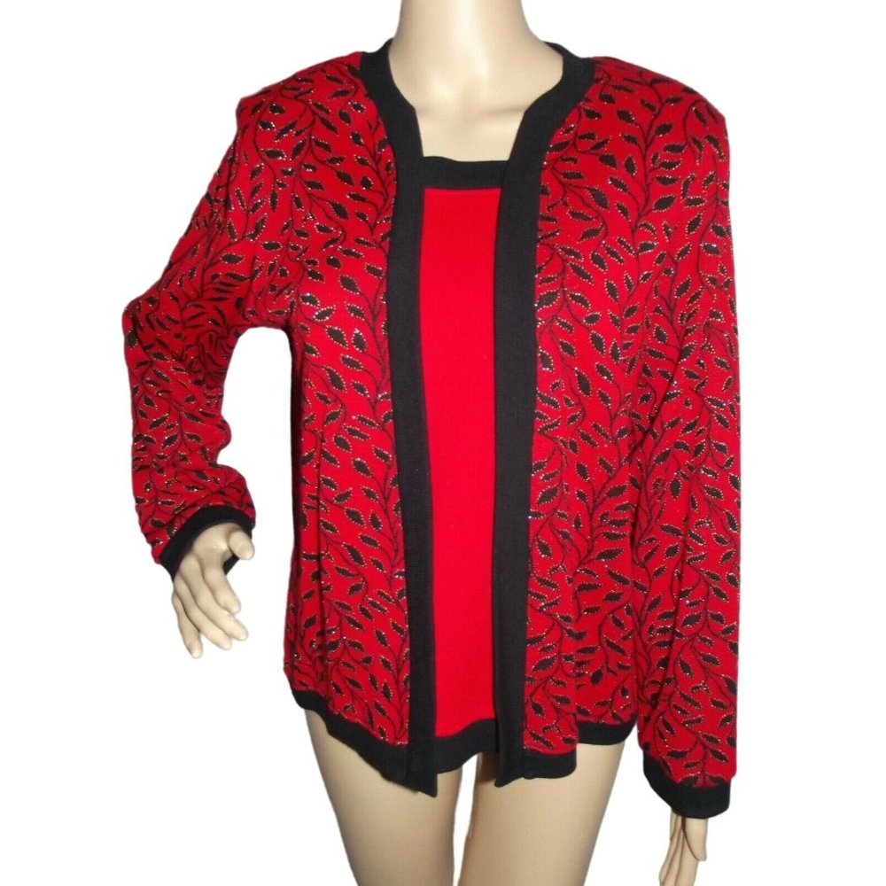 C.D Petites MP Red Black Silver Print Pullover Holiday Christmas Sweater PM 2fer